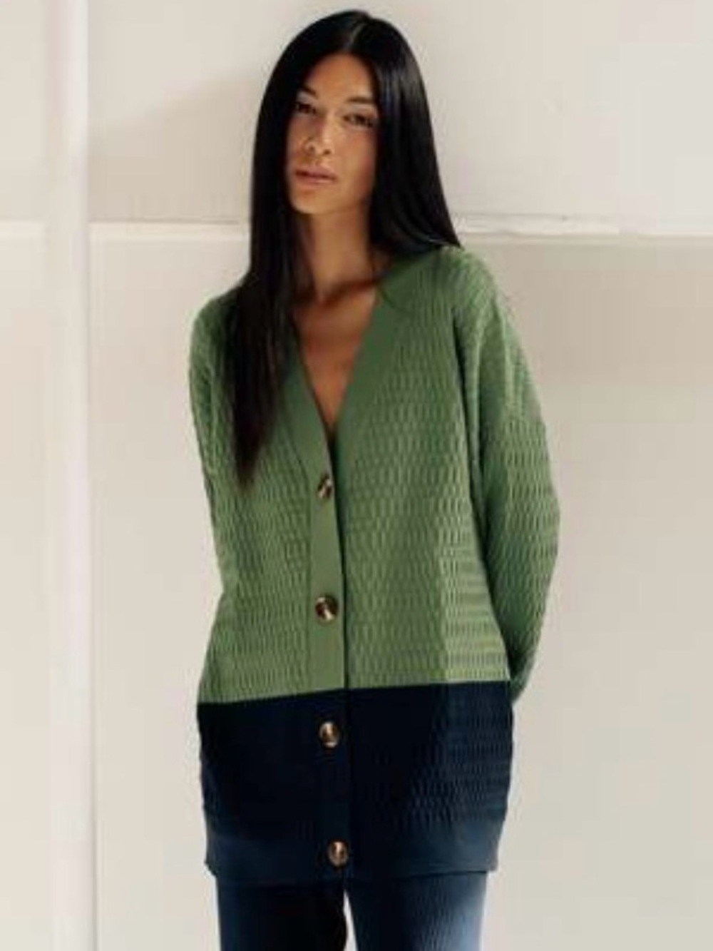 Paper Label “Rohan” Colorblock Green and Navy Button-Front Cardigan